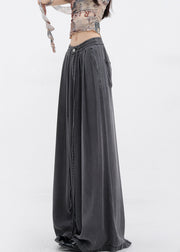 Stylish Grey Pockets Drawstring Denim Wide Leg Pants Summer