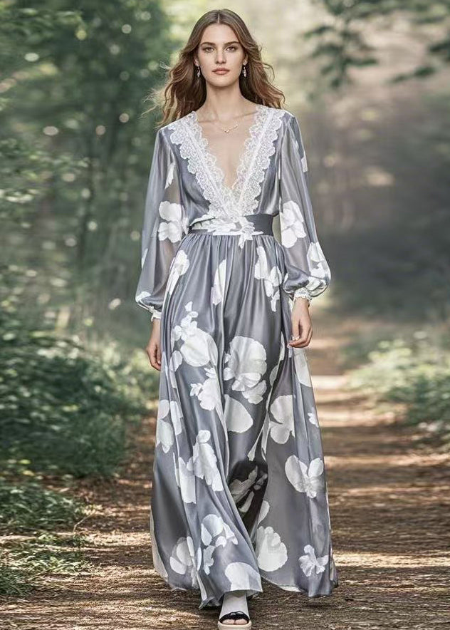 Stylish Grey Print High Waist Patchwork Silk Maxi Dress Spring