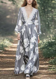 Stylish Grey Print High Waist Patchwork Silk Maxi Dress Spring