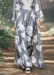 Stylish Grey Print High Waist Patchwork Silk Maxi Dress Spring