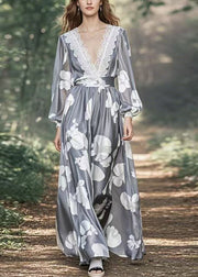 Stylish Grey Print High Waist Patchwork Silk Maxi Dress Spring