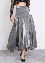 Stylish Grey Solid High Waist Silk Skirt Spring