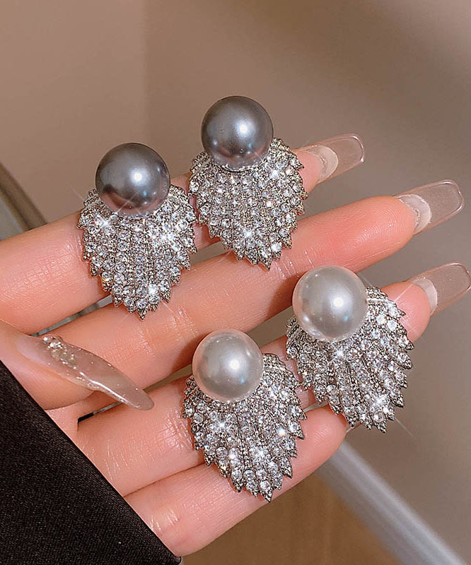 Stylish Grey Sterling Silver Alloy Pearl Zircon Stud Earrings