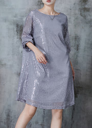 Stylish Grey Tie Waist Sequins Tulle Party Dresses Spring