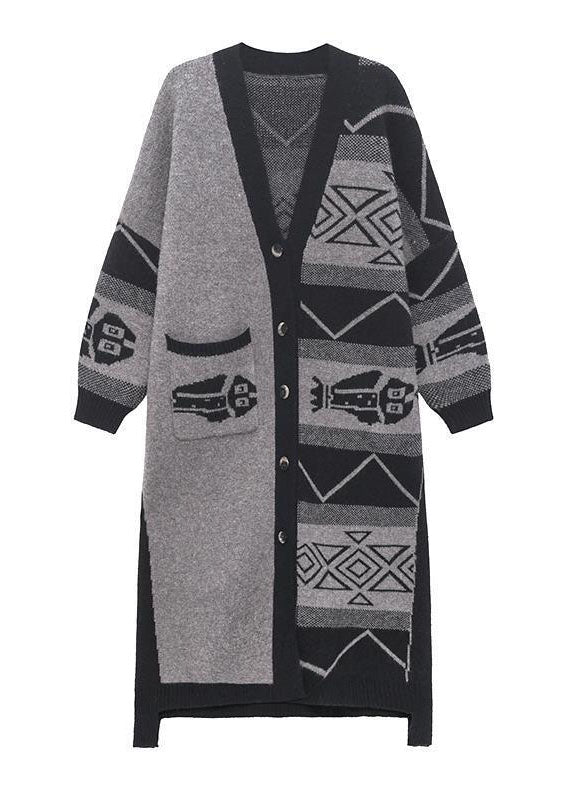 Stylish Grey V Neck Asymmetrical Design Print Knit Lazy Long Coats Long Sleeve