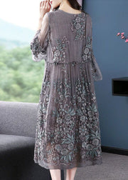 Stylish Grey V Neck Embroideried Lace Up Silk Dress Summer