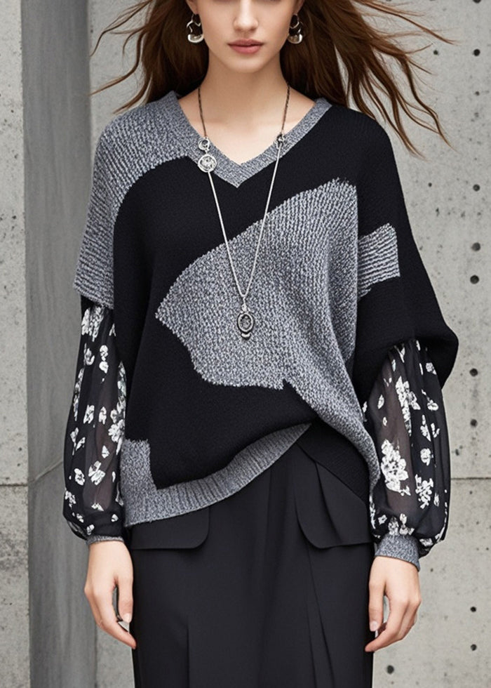 Stylish Grey V Neck Patchwork Knit Fake Two Piece Sweater Fall