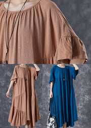 Stylish Khaki Asymmetrical Wrinkled Cotton Party Dress Flare Sleeve