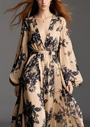 Stylish Khaki Cinched Print Chiffon Beach Dresses Fall