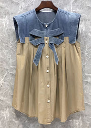 Stylish Khaki Denim Bow Patchwork Linen Cotton Shirts Top Summer