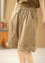 Stylish Khaki Elastic Waist Pockets Solid Color Cotton Wide Leg Shorts Summer