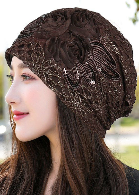 Stylish Khaki Floral Sequined Thin Lace Bonnie Hat