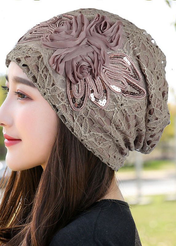 Stylish Khaki Floral Sequined Thin Lace Bonnie Hat