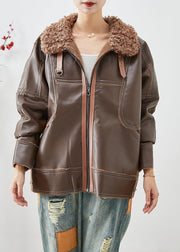 Stylish Khaki Fur Collar Patchwork Thick Faux Leather Jackets Winter