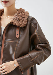 Stylish Khaki Fur Collar Patchwork Thick Faux Leather Jackets Winter