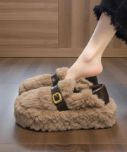 Stylish Khaki Fuzzy Fur Fluffy Splicing Comfy Flat Feet Shoes