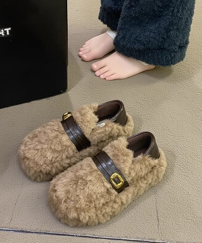 Stylish Khaki Fuzzy Fur Fluffy Splicing Comfy Flat Feet Shoes