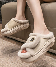 Stylish Khaki Fuzzy Fur Slippers Shoes Platform