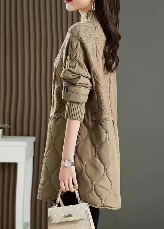 Stylish Khaki Hign Neck Thick Patchwork Knit Sweaters Fall