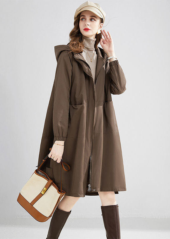 Stylish Khaki Hooded Oversized Pockets Warm Fleece Trench Winter