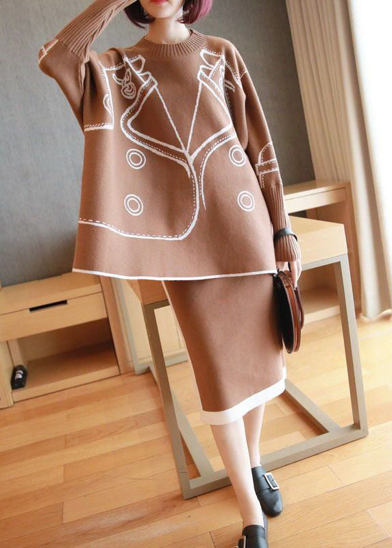 Stylish Khaki O-Neck Oversized Print Knit Two Pieces Set Batwing Sleeve