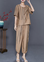 Stylish Khaki Oversized Patchwork Linen Two Pieces Set Summer