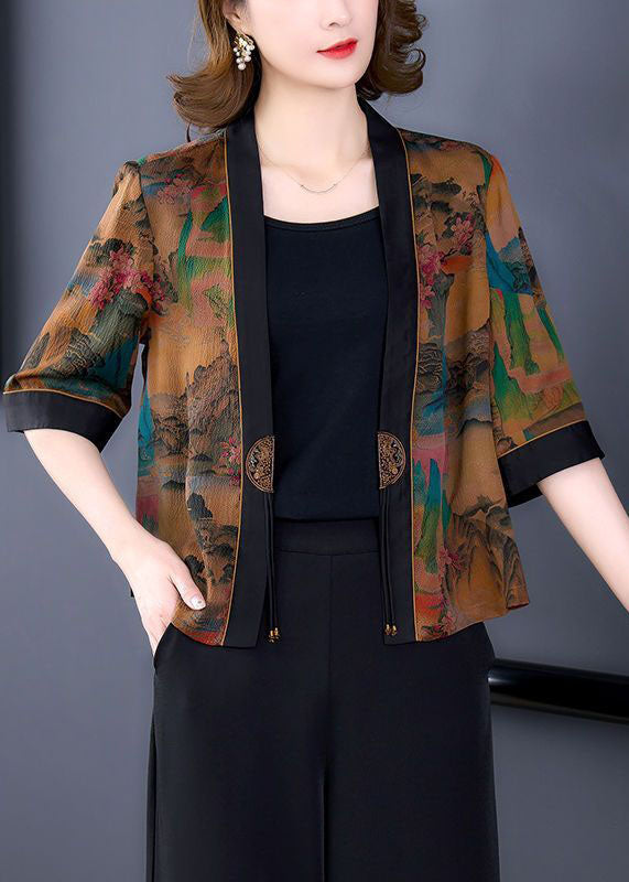 Stylish Khaki Oversized Print Silk Cardigan Half Sleeve