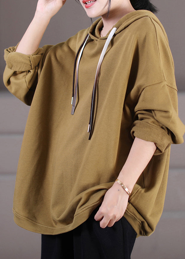 Stylish Khaki Patchwork Drawstring Hooded Sweatshirt Long Sleeve