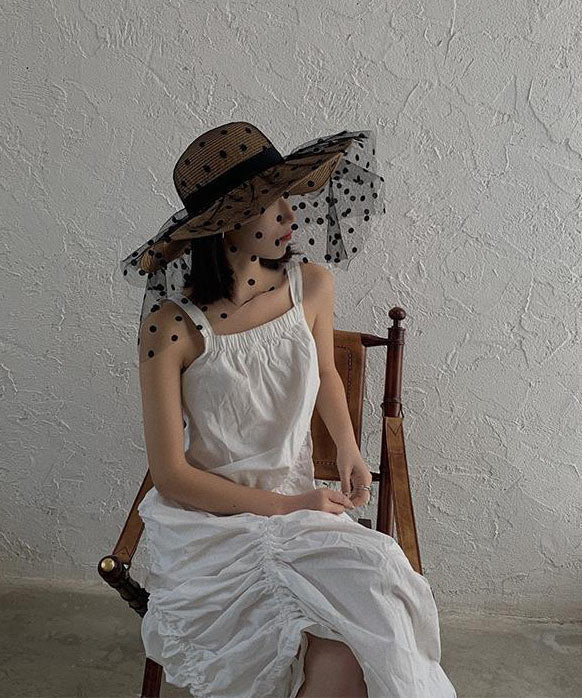 Stylish Khaki Patchwork Tulle Veil Straw Woven Floppy Sun Hat