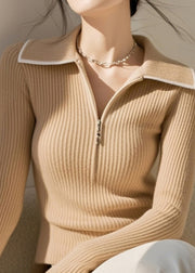 Stylish Khaki Peter Pan Collar Zip Up Knit Sweaters Spring