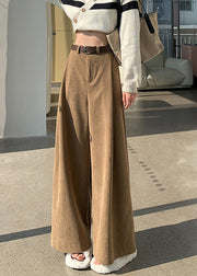 Stylish Khaki Pockets High Waist Corduroy Wide Leg Pants Spring