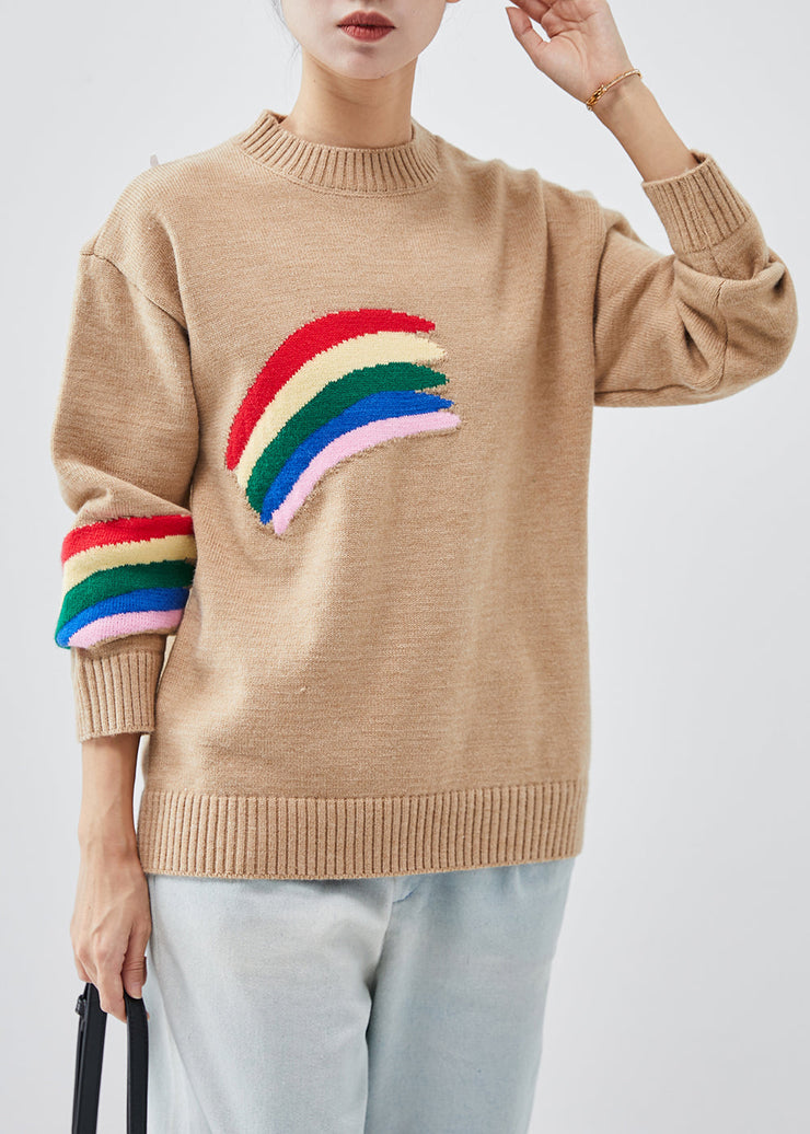 Stylish Khaki Rainbow Thick Knit Pullover Winter