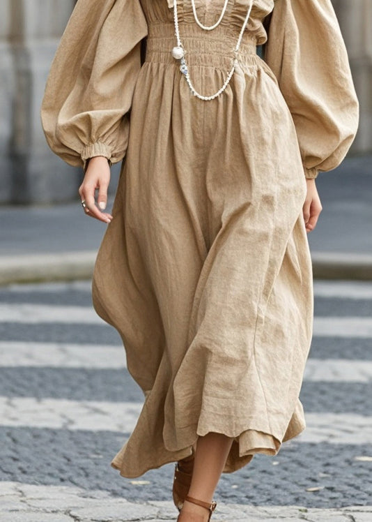 Stylish Khaki Ruffled Cotton Party Dress Lantern Sleeve