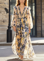 Stylish Khaki Ruffled Print Chiffon Dress Fall