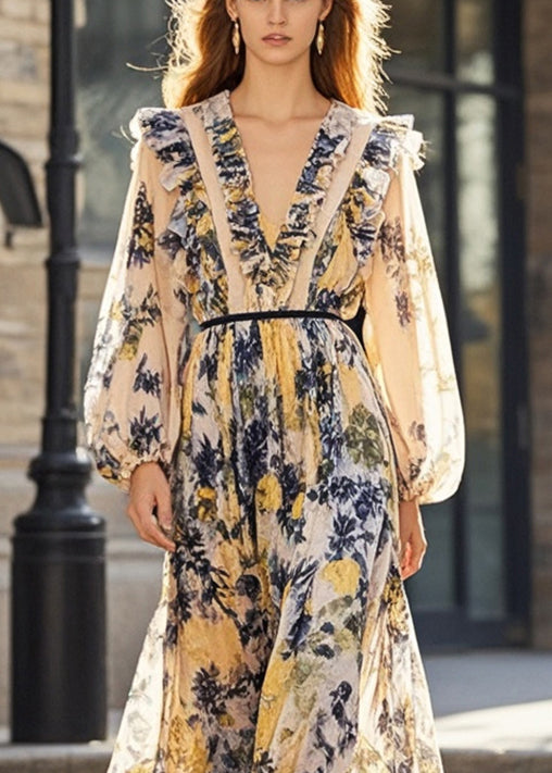 Stylish Khaki Ruffled Print Chiffon Dress Spring