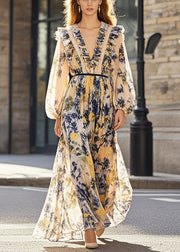 Stylish Khaki Ruffled Print Chiffon Dress Spring