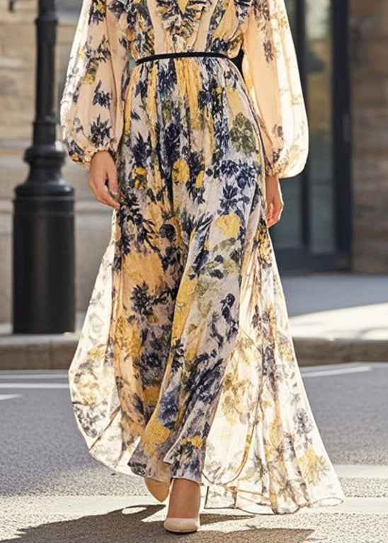 Stylish Khaki Ruffled Print Chiffon Dress Spring