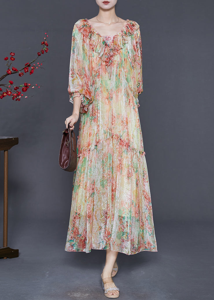 Stylish Khaki Ruffles Print Silk Maxi Dresses Spring