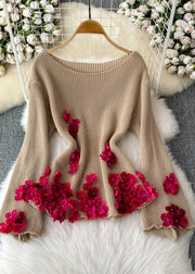 Stylish Khaki Slash Neck Floral Cotton Knit Sweaters Winter