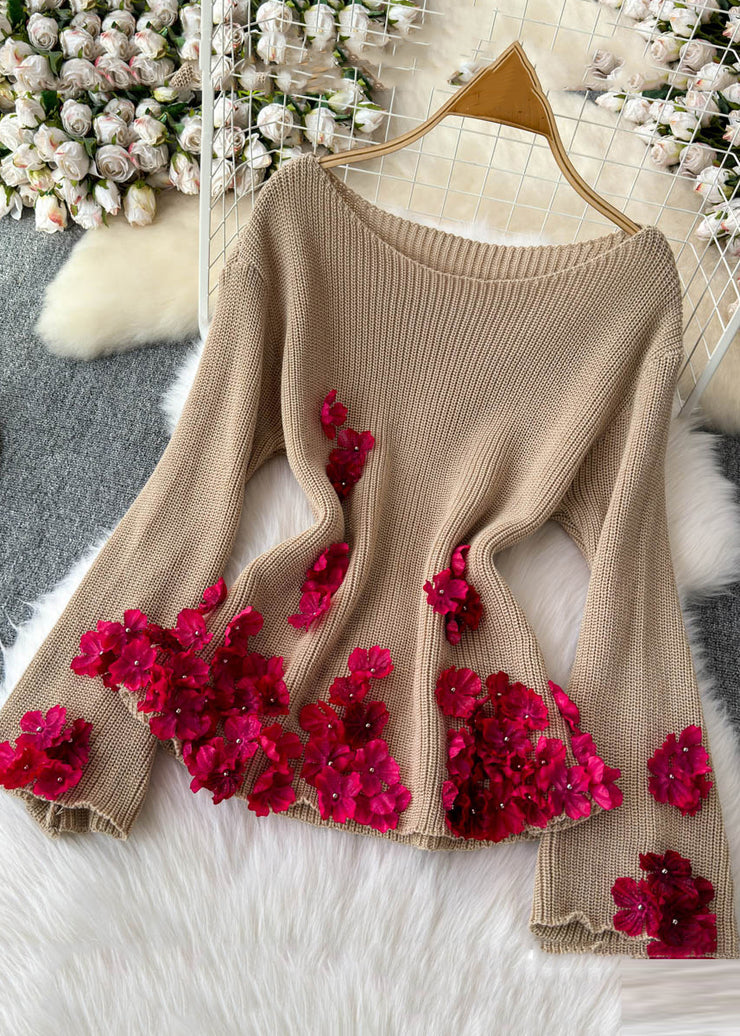 Stylish Khaki Slash Neck Floral Cotton Knit Sweaters Winter