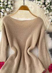 Stylish Khaki Slash Neck Floral Cotton Knit Sweaters Winter