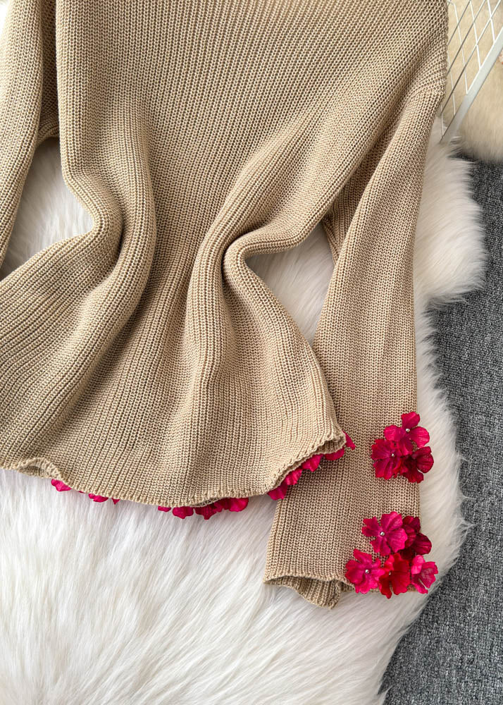 Stylish Khaki Slash Neck Floral Cotton Knit Sweaters Winter