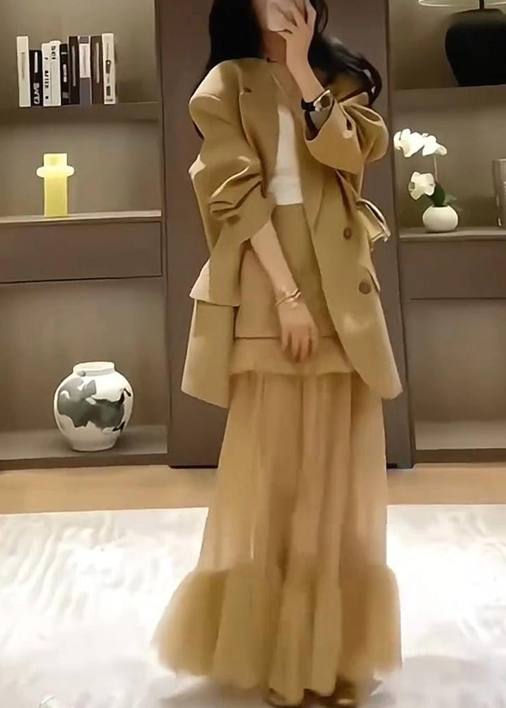 Stylish Khaki Suit Coat And Skirts Two Pieces Set Spring