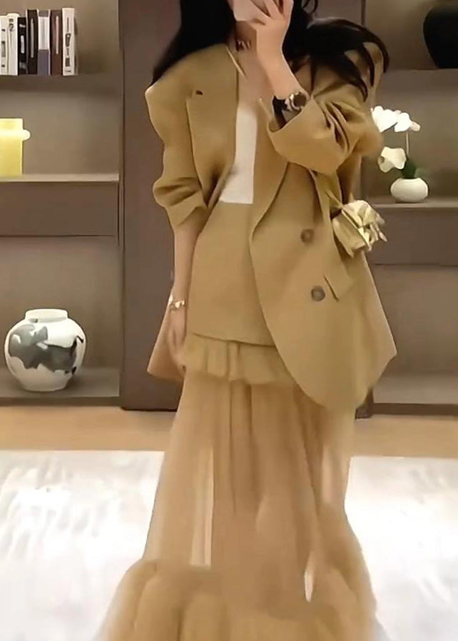 Stylish Khaki Suit Coat And Skirts Two Pieces Set Spring