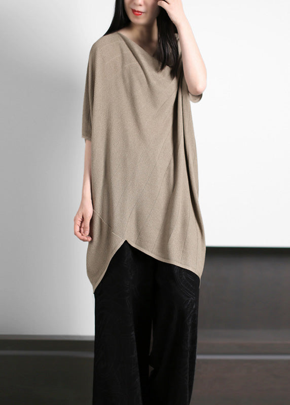 Stylish Khaki V Neck Asymmetrical Knit Tops Half Sleeve