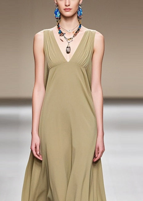 Stylish Khaki V Neck Draping Chiffon Party Dress Sleeveless