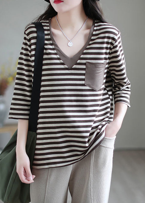 Stylish Khaki V Neck Striped Cotton Top Bracelet Sleeve