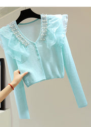 Stylish Lake Blue V Neck Nail Bea Lace Patchwork Cotton Knit Sweater Spring