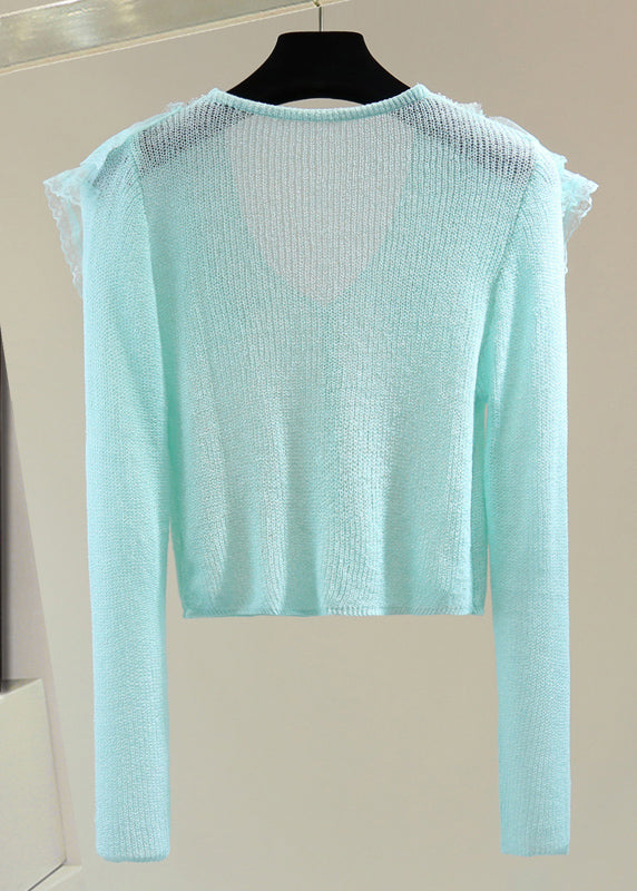 Stylish Lake Blue V Neck Nail Bea Lace Patchwork Cotton Knit Sweater Spring