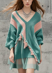 Stylish Lake Green Asymmetrical Patchwork Tulle Sweater Dress Fall